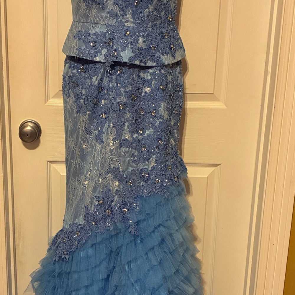 Rachel Allan Blue Floral Lace Dress